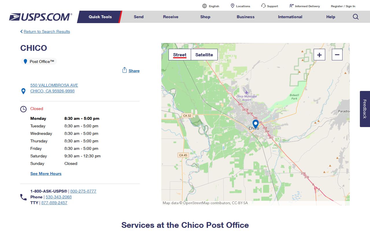 Chico ZIP code directory research using the USPS Chico facility record